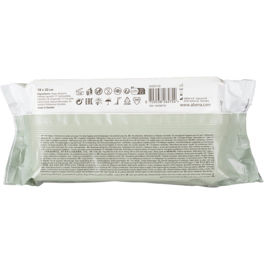Eine versiegelte Abena Feuchtpflegetücher Softbox mit 80 Tüchern wird von hinten gezeigt, mit Produktangaben und Barcode. Die hellgrün-weiße Packung der Abena Re-Seller GmbH bietet sanfte Reinigung und Hygiene für unterwegs.