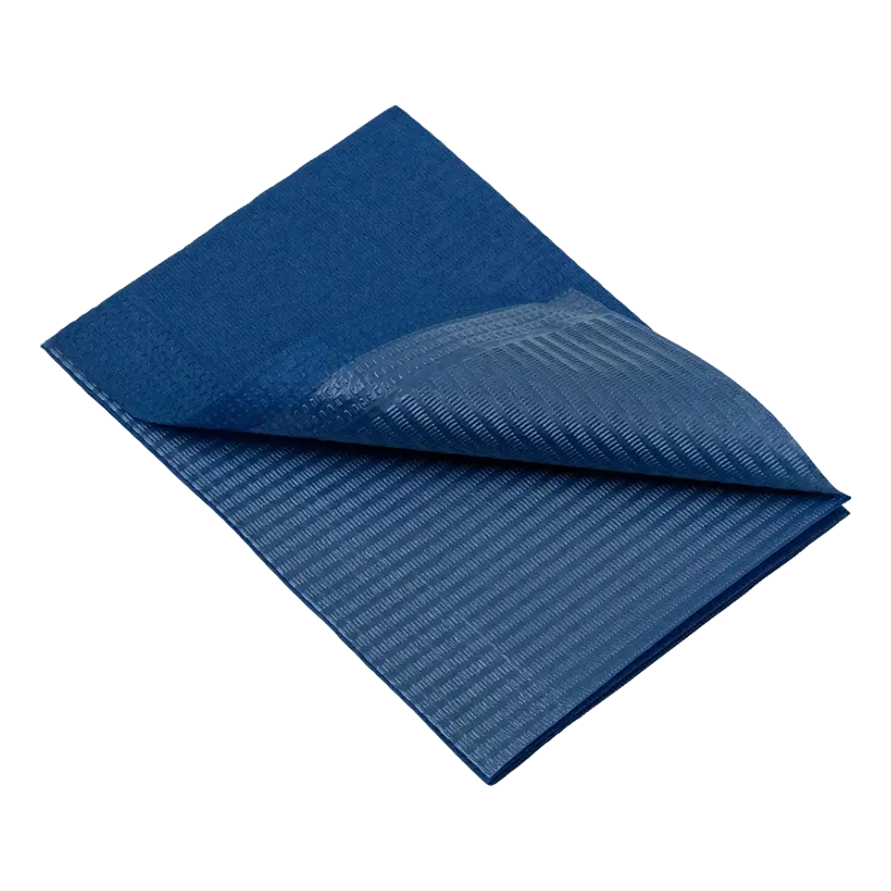 Eine gefaltete blaue Plane mit sichtbarer Innenschicht und strukturierter Oberfläche ähnelt den robusten Materialien der Dental Einweg-Patientenservietten der AMPri Handelsgesellschaft mbH und misst 33 x 45 cm.