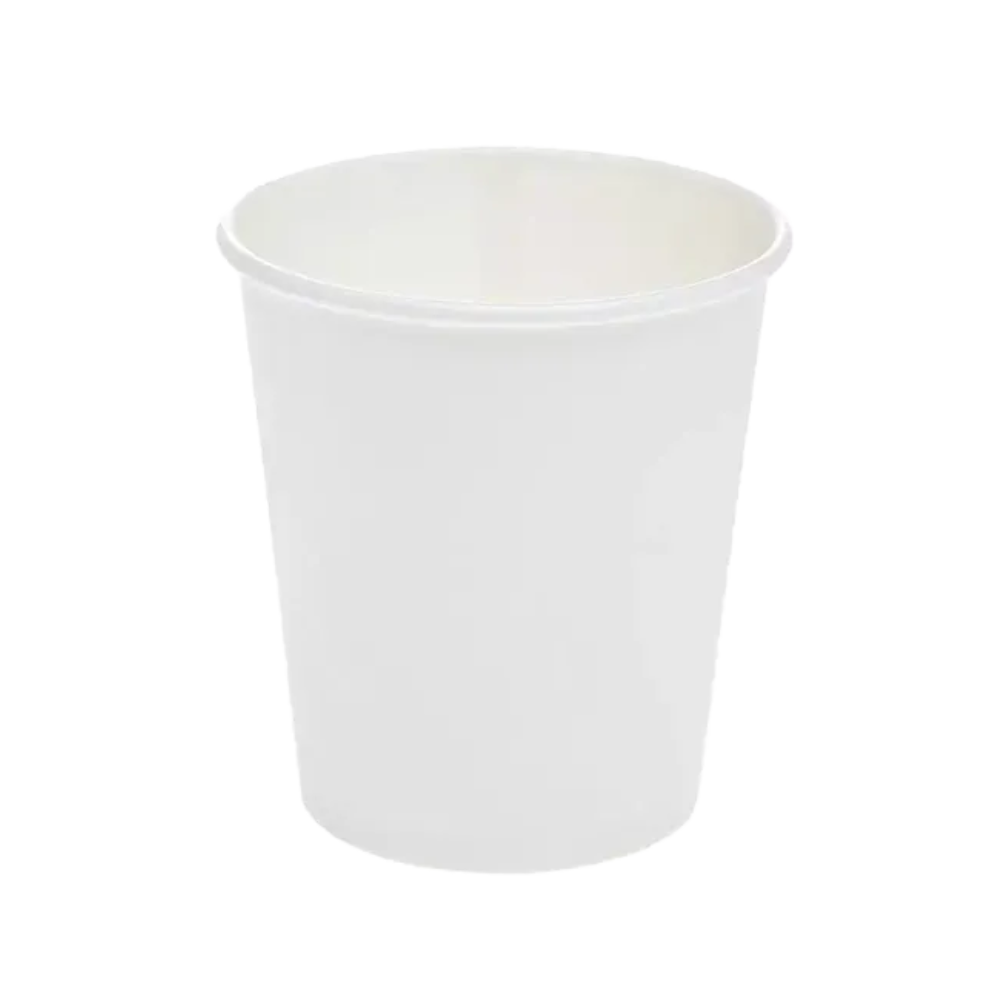 Ein schlichter weißer Pappbecher mit glatter Oberfläche, aufrecht stehend. Dieser AMPri Dental Hartpapier Mundspülbecher 190 ml hat eine zylindrische Form und einen etwas breiteren Rand. Der Hintergrund ist weiß, was seine Schlichtheit und Funktionalität betont und ihn ideal für den effizienten Einsatz in der Zahnarztpraxis macht.