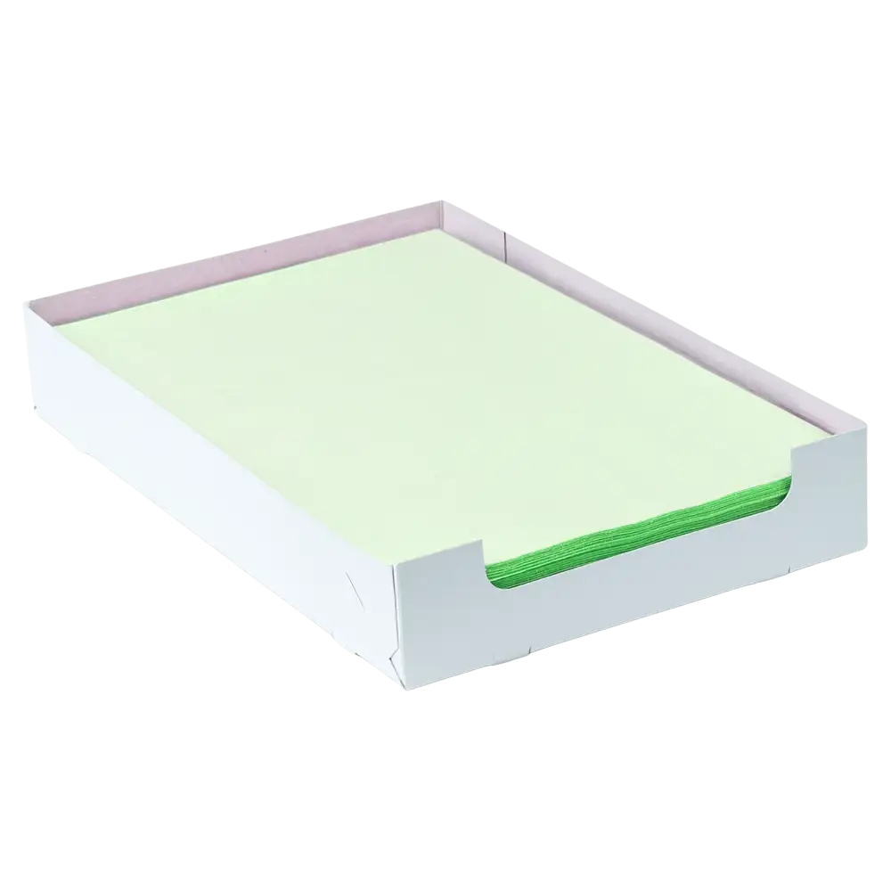 Ein ordentlicher Stapel hellgrüner AMPri Dental Kreppauflage Tray-Filterpapiere im Format 18 x 28 cm liegt in einer offenen weißen Kartonschachtel. Die niedrigen Seitenwände der Schachtel der AMPri Handelsgesellschaft mbH ermöglichen einen einfachen Zugriff auf die oberen Blätter.
