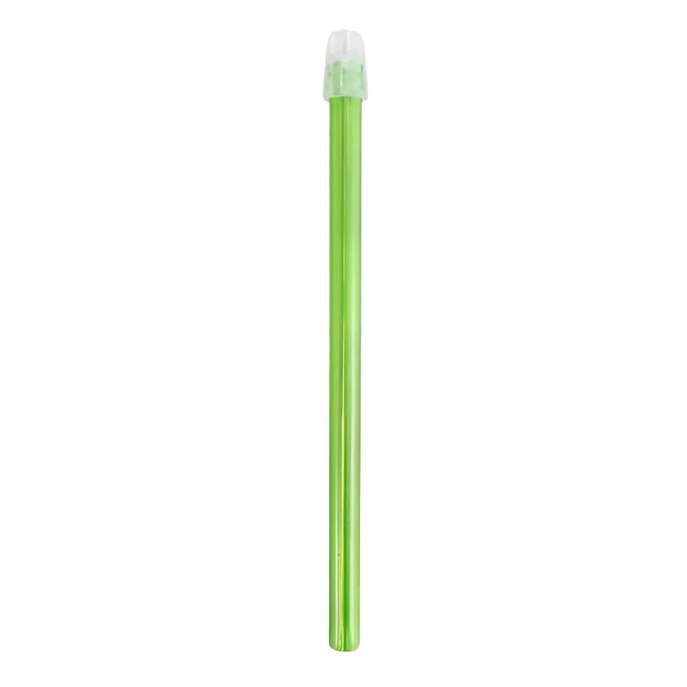 Ein grüner zylindrischer Behälter mit transparenter Kappe, passend für die AMPri Dental Speichelsauger 130 mm und 150 mm in verschiedenen Farben, sorgt für Effizienz bei der Zahnbehandlung.