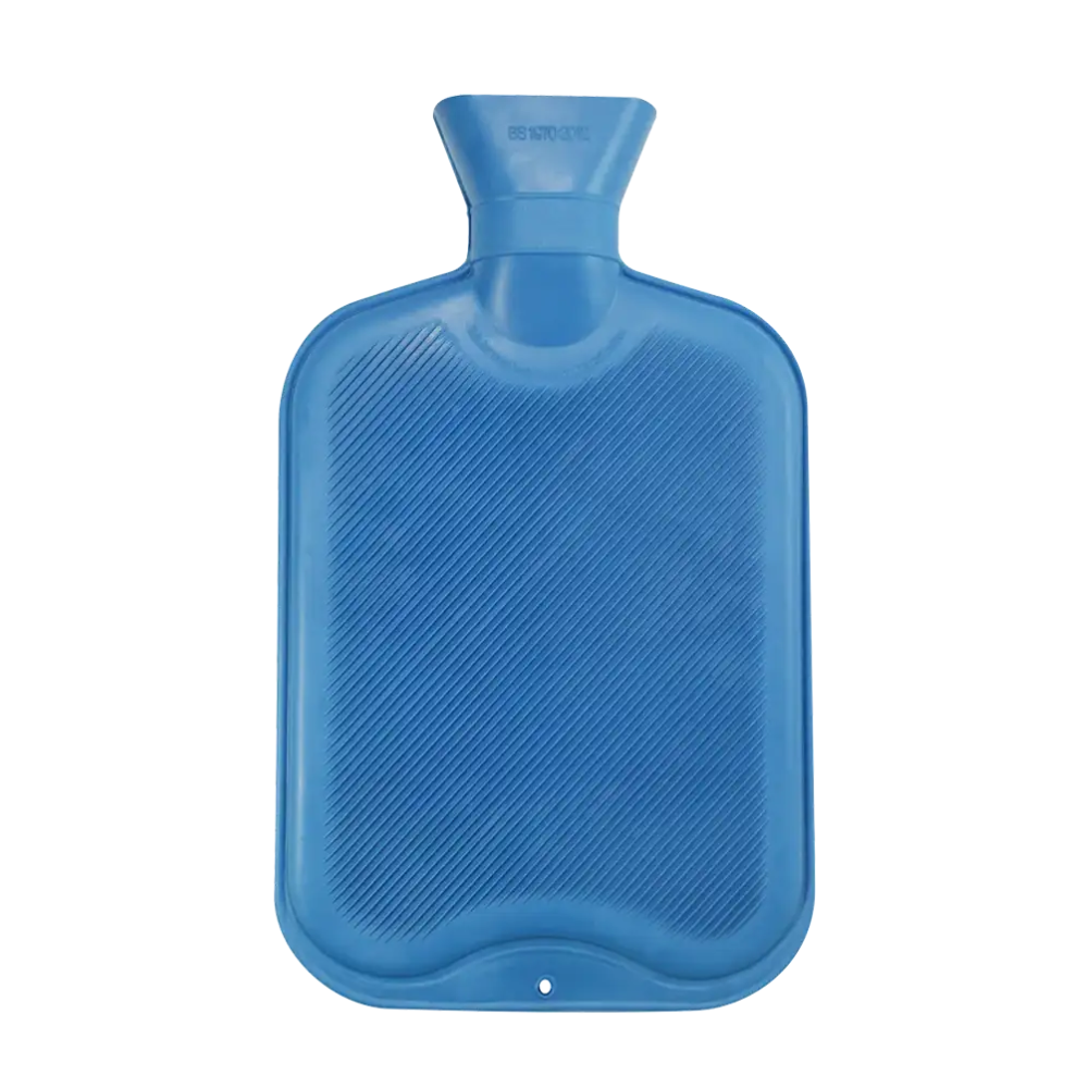 Die AMPri Gummi Wärmflasche mit Schraubverschluss in Blau bietet eine strukturierte, gerippte Oberfläche und ist somit ideal für den Einsatz in Krankenhäusern.