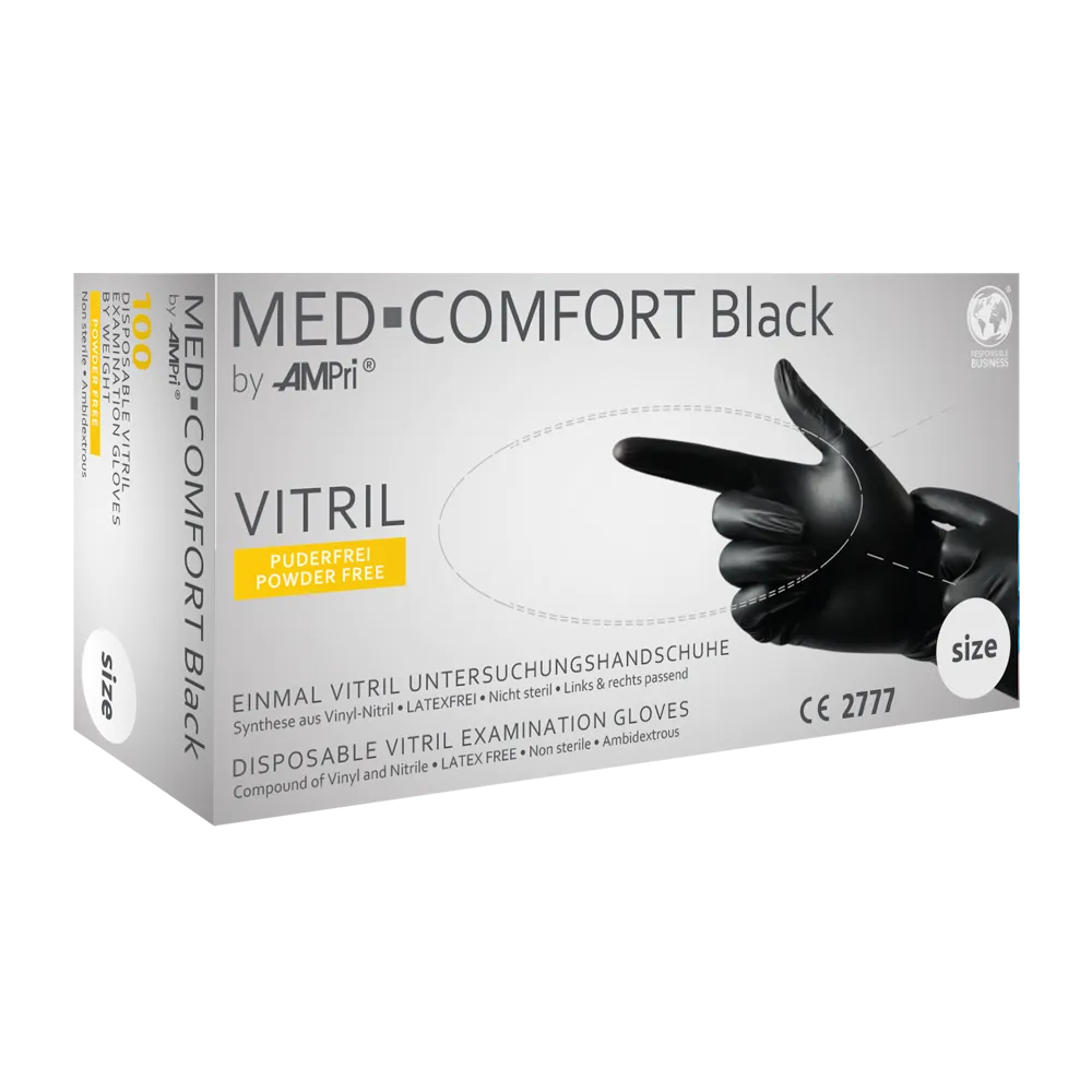 Das Bild zeigt eine Schachtel AMPri MED-COMFORT BLACK Vitrilhandschuhe puderfrei, Schwarz von AMPri Handelsgesellschaft mbH. Die Schachtel ist überwiegend weiß mit schwarzem und gelbem Text und zeigt eine behandschuhte Hand. Die Handschuhe sind puderfrei und die Verpackung weist eine CE-Zertifizierung auf.