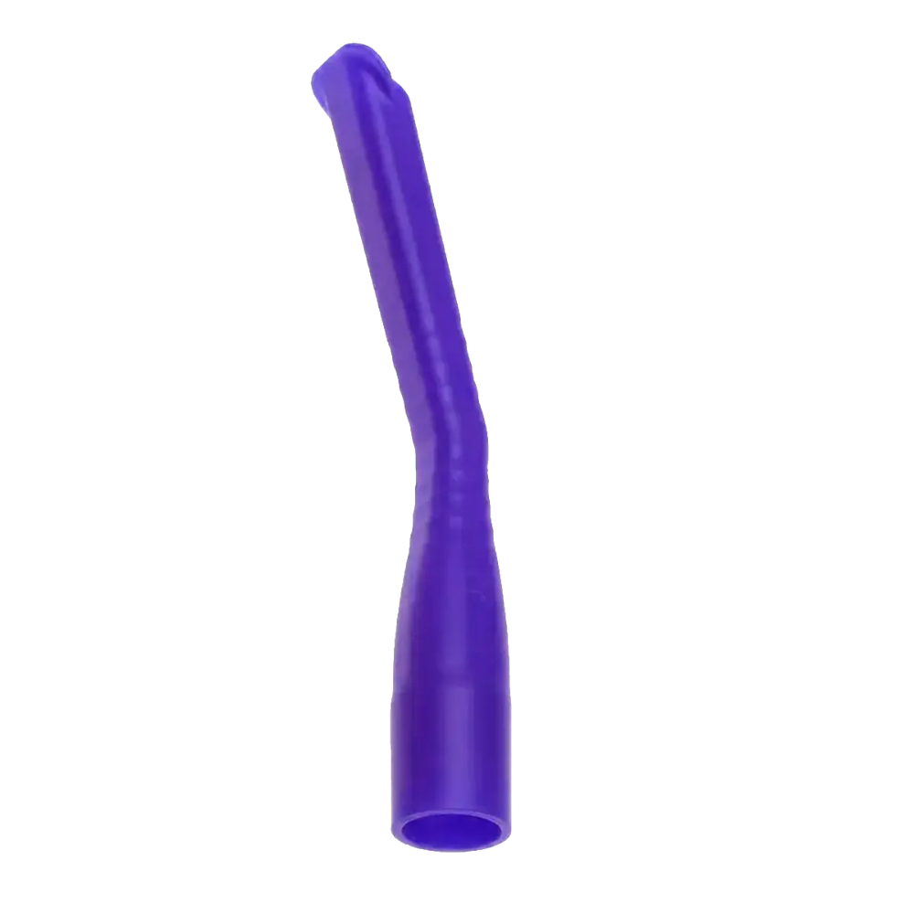 Eine gerade, längliche Düse aus violettem Kunststoff mit einem leicht gebogenen und gerippten Design ähnelt den AMPri MED-COMFORT Dental-Absaugkanülen für Kinder und lässt darauf schließen, dass sie sterilisierbar und wiederverwendbar ist, um eine effiziente Kontrolle des Luft- oder Flüssigkeitsflusses zu ermöglichen, und über ein offenes Ende zur einfachen Befestigung verfügt.