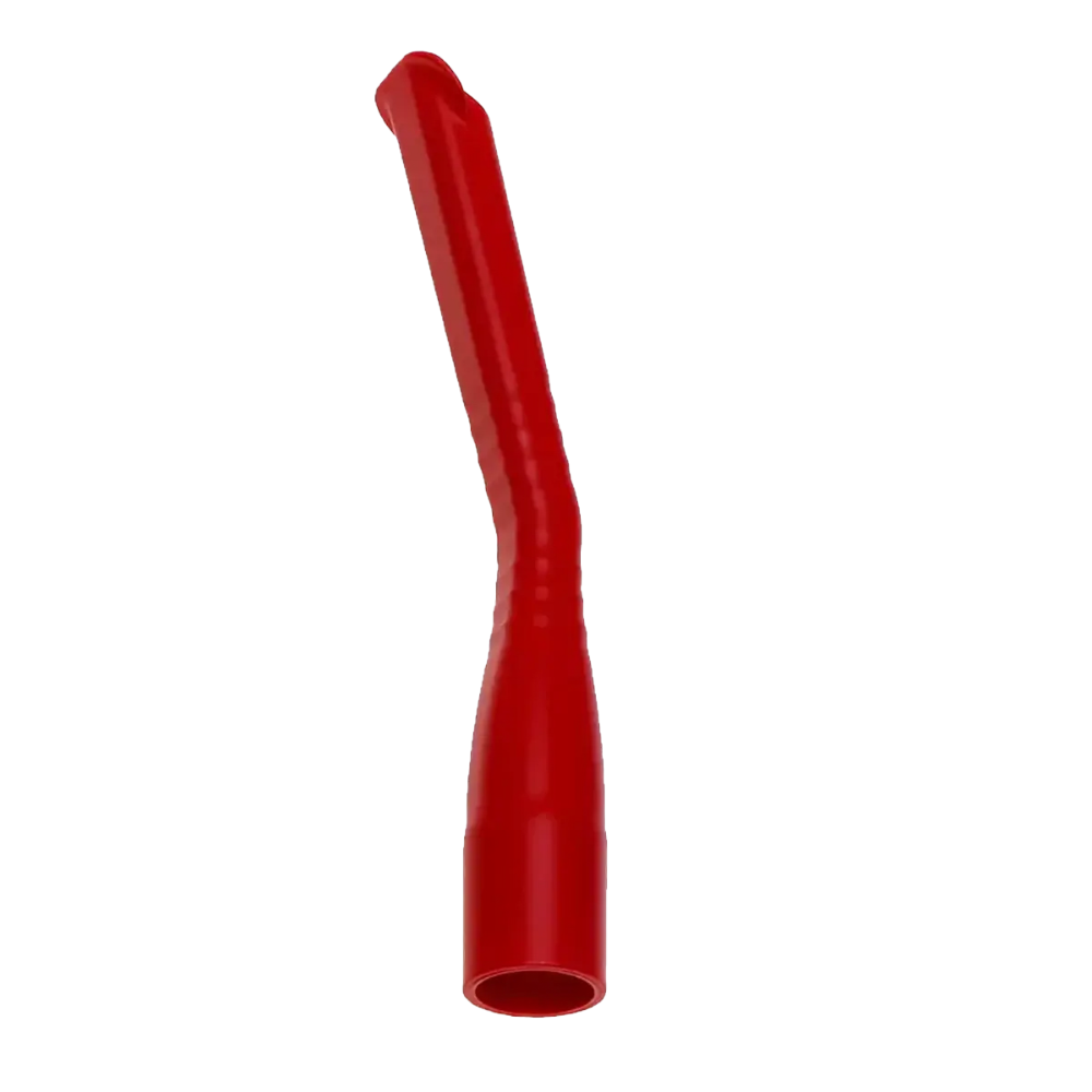 Ein roter Kunststoffaufsatz mit gebogener und konischer Form, ähnlich den AMPri MED-COMFORT Dental Absaugkanülen für Kinder in verschiedenen Farben, vermutlich für einen Staubsauger oder ein ähnliches Gerät.