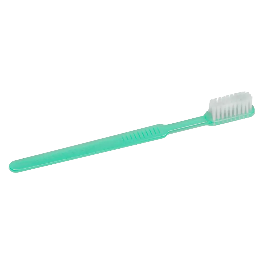 Eine grüne AMPri MED-COMFORT Dental PS Einmalzahnbürste der AMPri Handelsgesellschaft mbH verfügt über weiße Borsten und einen flachen Griff und ist aufgrund ihrer kompakten Schlichtheit ideal für Reisen.