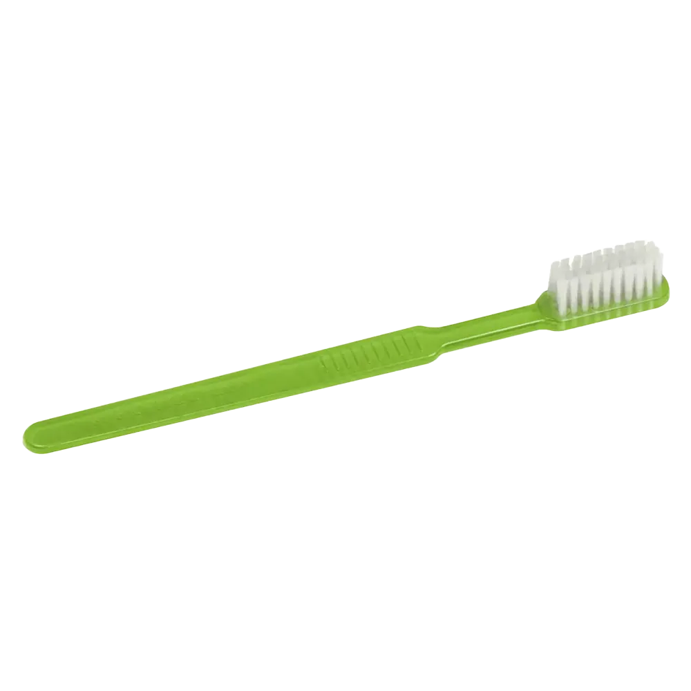 Eine grüne AMPri MED-COMFORT Dental PS Einwegzahnbürste mit geradem Griff und weißen Borsten, horizontal vor weißem Hintergrund positioniert.