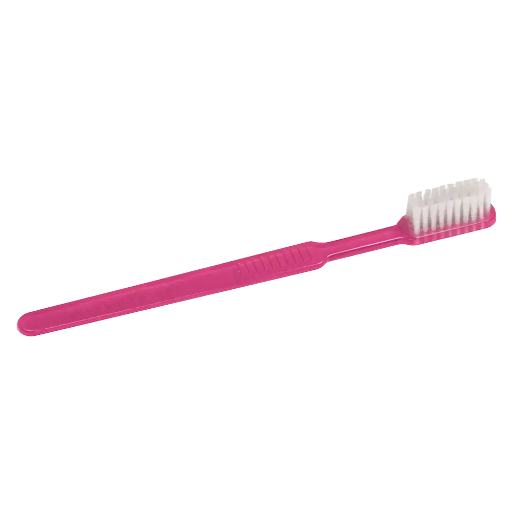 Vor einem strahlend weißen Hintergrund ist eine rosafarbene AMPri MED-COMFORT Dental PS Einwegzahnbürste mit geradem Griff und weißen Borsten zu sehen.