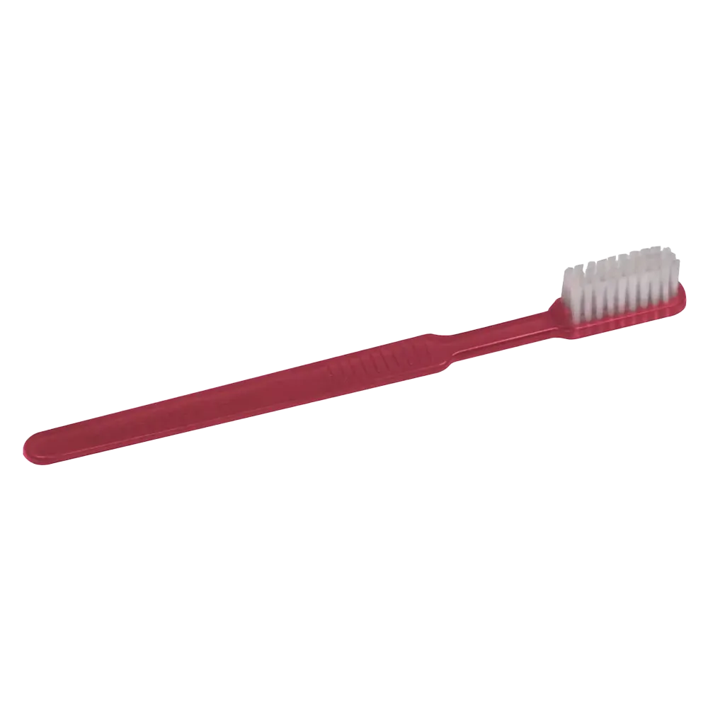 Auf schlichtem weißem Untergrund ist eine rote AMPri MED-COMFORT Dental PS Einmal-Zahnbürste mit Zahnpasta mit weißen Borsten abgebildet, perfekt für Ihre schnelle Zahnpflegeroutine.