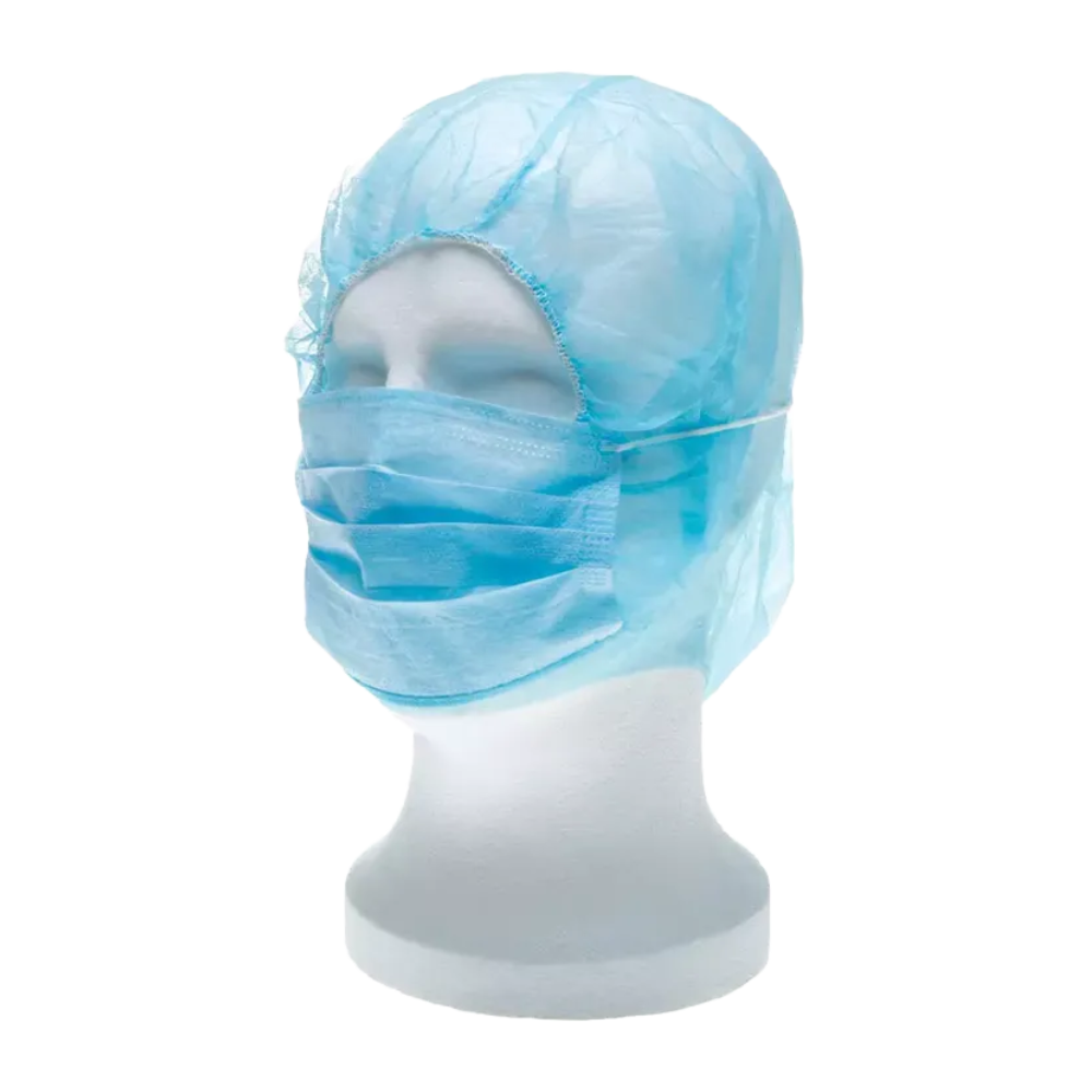 Ein AMPri MED-COMFORT PP-Mannequinkopf, der in verschiedenen Farben bei der AMPri Handelsgesellschaft mbH erhältlich ist, präsentiert eine blaue Einweg-Gesichtsmaske gepaart mit einer passenden Haarabdeckung aus Polypropylen im Stil einer Astronautenhaube. Diese Accessoires sind so angeordnet, dass ihre hygienische oder medizinische Funktionalität als wirksame Einwegprodukte veranschaulicht wird.