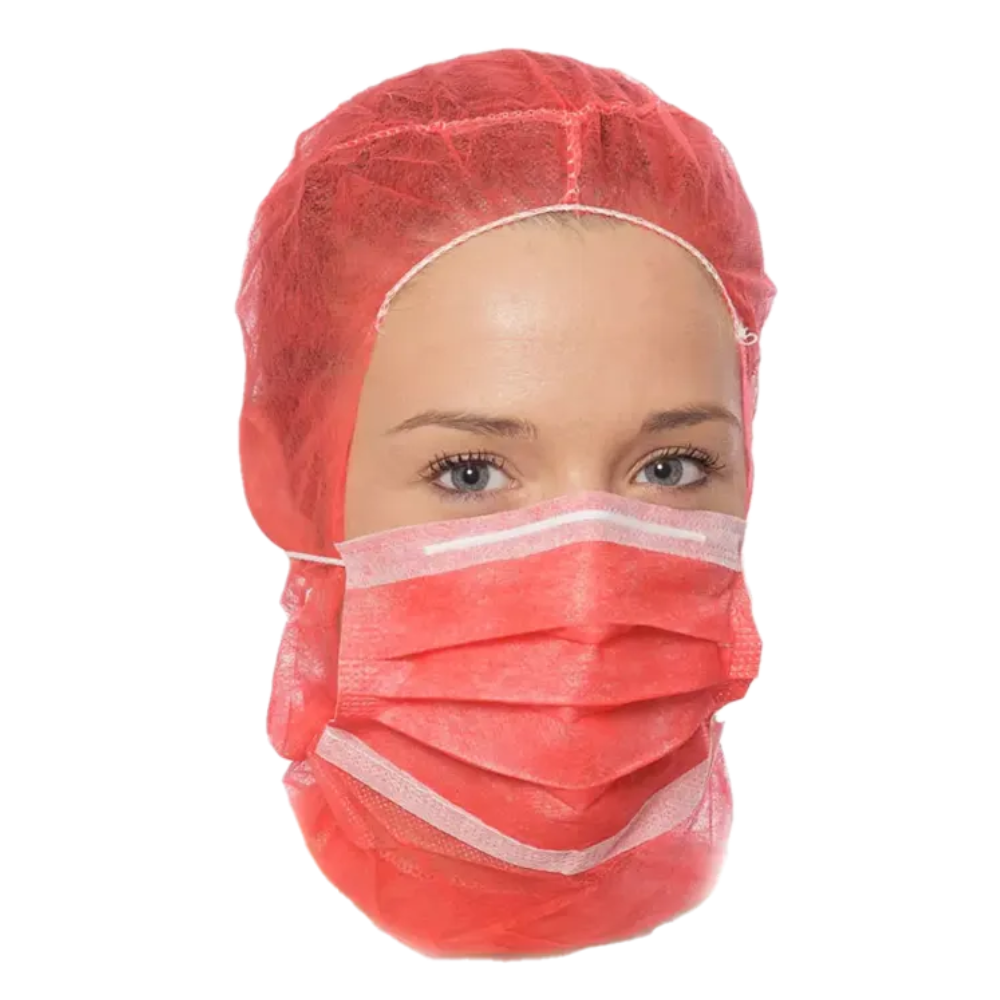 Eine Person trägt eine rote AMPri MED-COMFORT PP Astronautenhaube mit integrierter Gesichtsmaske der AMPri Handelsgesellschaft mbH, die nur Augen und Augenbrauen freigibt. Dieses praktische Einwegprodukt verbirgt effektiv den Großteil des Gesichts und Kopfes vor einem einfachen weißen Hintergrund.