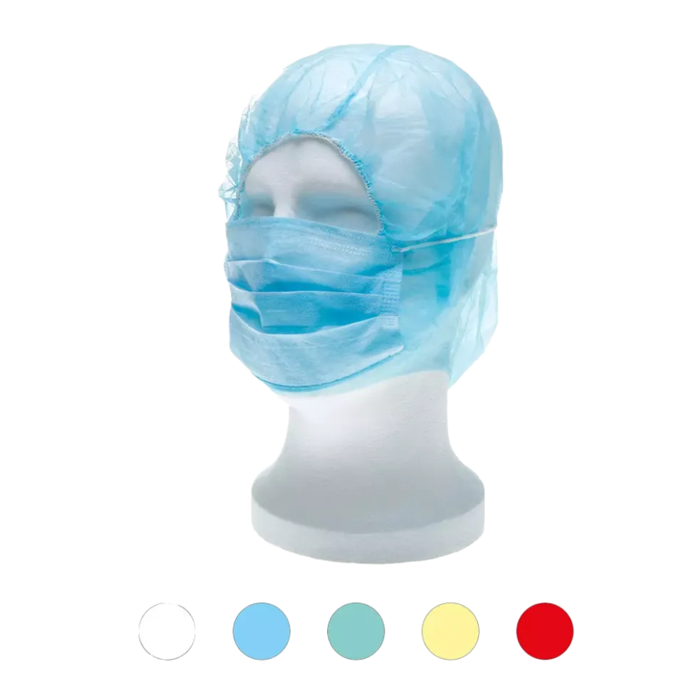 Ein weißer Puppenkopf trägt eine blaue medizinische Einweghaube und -maske, die der AMPri MED-COMFORT PP Astronautenhaube mit Mundschutz ähnelt. Unter der Puppe sind fünf kleine Kreise in verschiedenen Farben zu sehen: Weiß, Hellblau, Blau, Gelb und Rot, die die Vielseitigkeit dieses Einwegprodukts aus Polypropylen der AMPri Handelsgesellschaft mbH hervorheben.