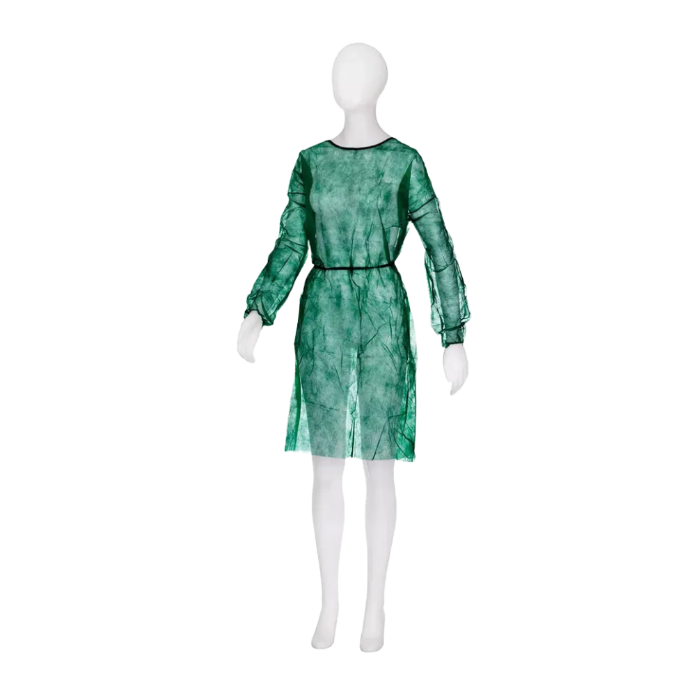 Eine Schaufensterpuppe präsentiert ein grünes, langärmeliges, transparentes Kleid mit einem marmorartigen Muster, das dem schicken Design des AMPri MED-COMFORT PP Einweg-Besucherkittels ähnelt. Dieses knielange Kleid hat einen einfachen runden Ausschnitt und eine taillierte Taille. Die Schaufensterpuppe ist minimalistisch und weist keine auffälligen Merkmale auf.