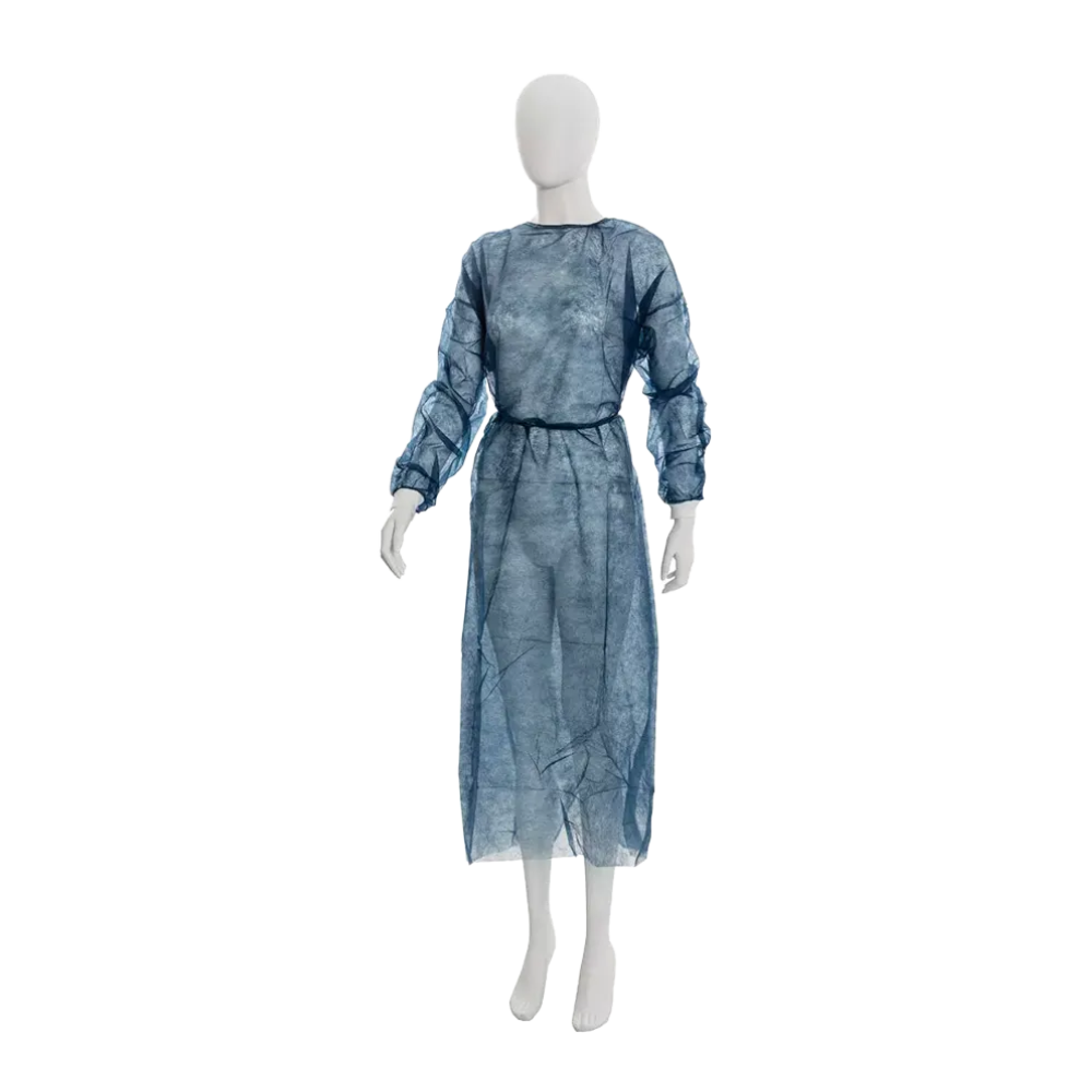 Eine Schaufensterpuppe präsentiert ein exquisites, durchscheinend blaues Kleid, das an die Eleganz einer MED-COMFORT-Kreation der AMPri Handelsgesellschaft mbH erinnert, komplett mit langen Ärmeln und rundem Ausschnitt. Ähnlich der Leichtigkeit von Polypropylen ist das Kleid in der Taille mit gekräuseltem Stoff geschnürt, der einen schönen Kontrast zu einem schlichten weißen Hintergrund bildet.