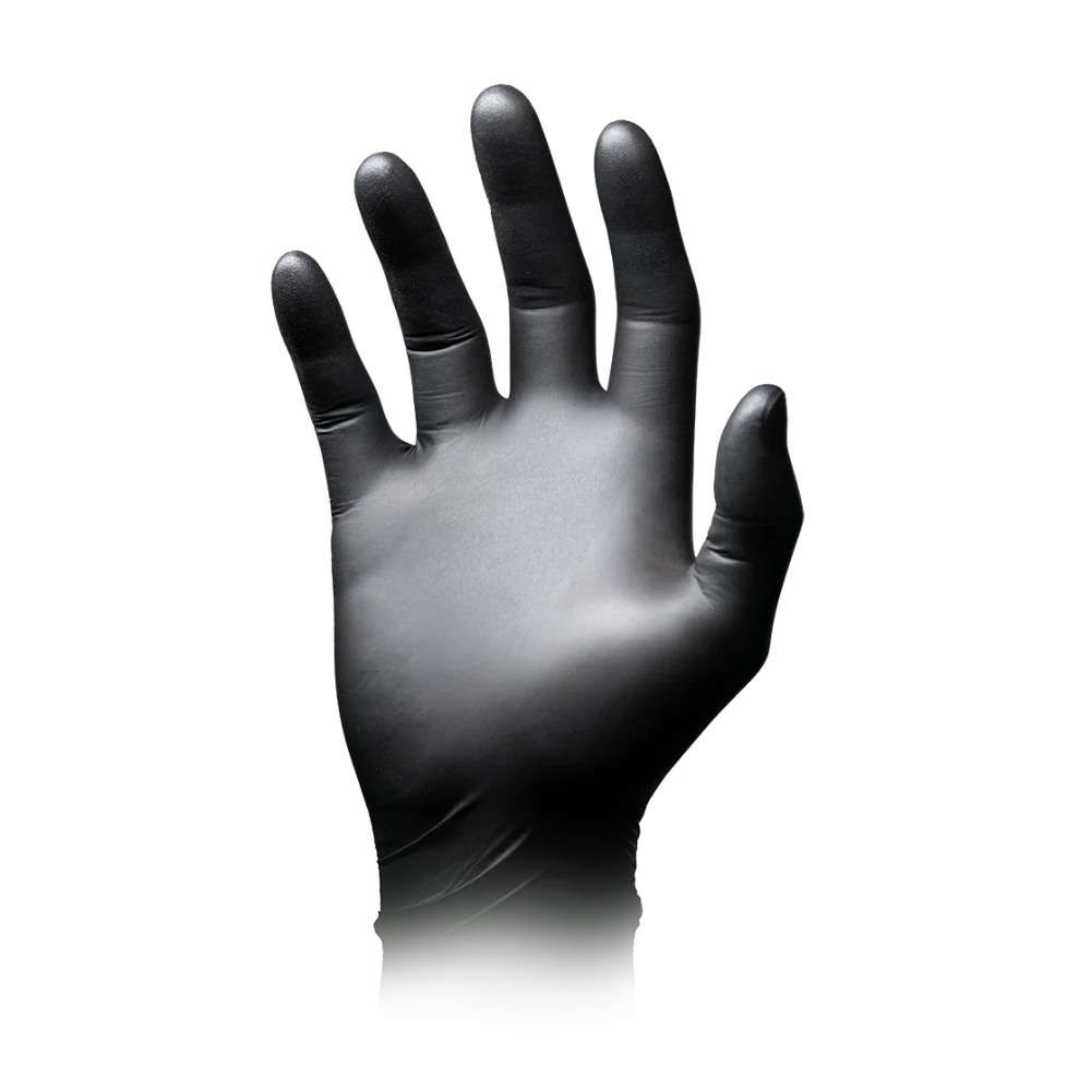 Ein schwarzer AMPri Nature Glove der AMPri Handelsgesellschaft mbH ist vor weißem Hintergrund in einer offenen Handposition mit nach vorne gerichteter Handfläche abgebildet. Der Handschuh zeichnet sich durch hohe Beständigkeit aus und verfügt über eine glatte Oberfläche, die vollständig aufgeblasen die Konturen einer Hand abbildet.