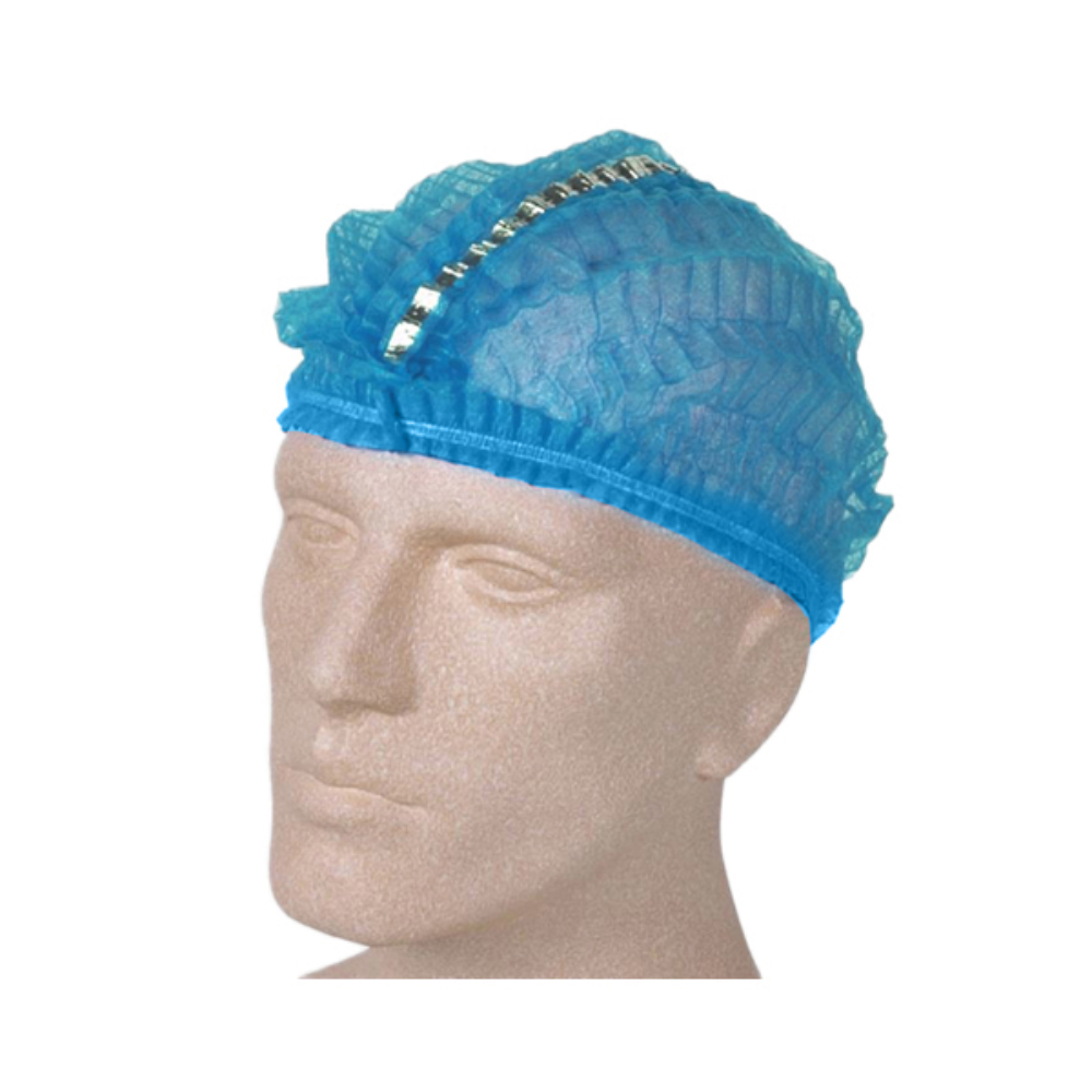 Ein Mannequinkopf ist mit einer AMPri PP Klipphaube geschmückt, einer detektierbaren Bouffanthaube in Blau mit einem Gummiband. Die strukturierte Haube aus Polypropylen ist oben gerafft und sitzt sicher auf dem Kopf, sodass die Einhaltung der Hygienevorschriften in jeder Umgebung gewährleistet ist.