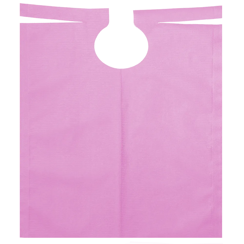 AMPri Patientenumhang mit PE-Beschichtung, 500 x 600 mm groß, ist jetzt in Pink mit kreisrundem Ausschnitt und zwei befestigten Bändern erhältlich. Dieses rechteckige Lätzchen verfügt über eine strukturierte Oberfläche und eignet sich daher perfekt für zahnmedizinische Behandlungen, da es den Schutz der Kleidung in zahnmedizinischen oder medizinischen Umgebungen gewährleistet. Erhältlich bei AMPri Handelsgesellschaft mbH in verschiedenen Farben auf einer Rolle mit 80 Stück.