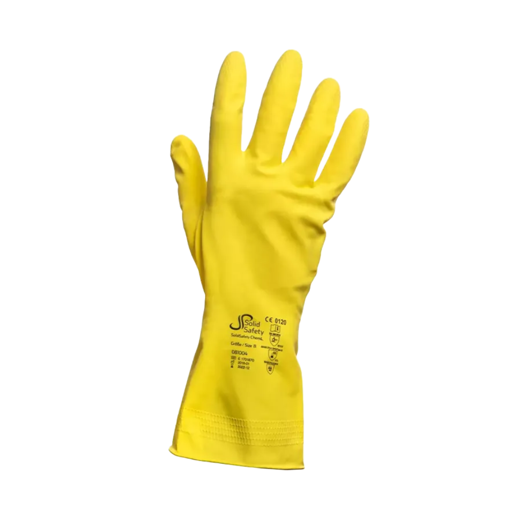 Die AMPri SolidSafety ChemL Chemikalienschutzhandschuhe, die für die Lebensmittelindustrie entwickelt wurden und in den Größen S bis L erhältlich sind, sind gelbe Gummihandschuhe der AMPri Handelsgesellschaft mbH. Sie sind mit sichtbaren Texten und Symbolen auf der Manschette versehen und werden auf weißem Hintergrund mit einer offenen Hand und ausgestreckten Fingern präsentiert.