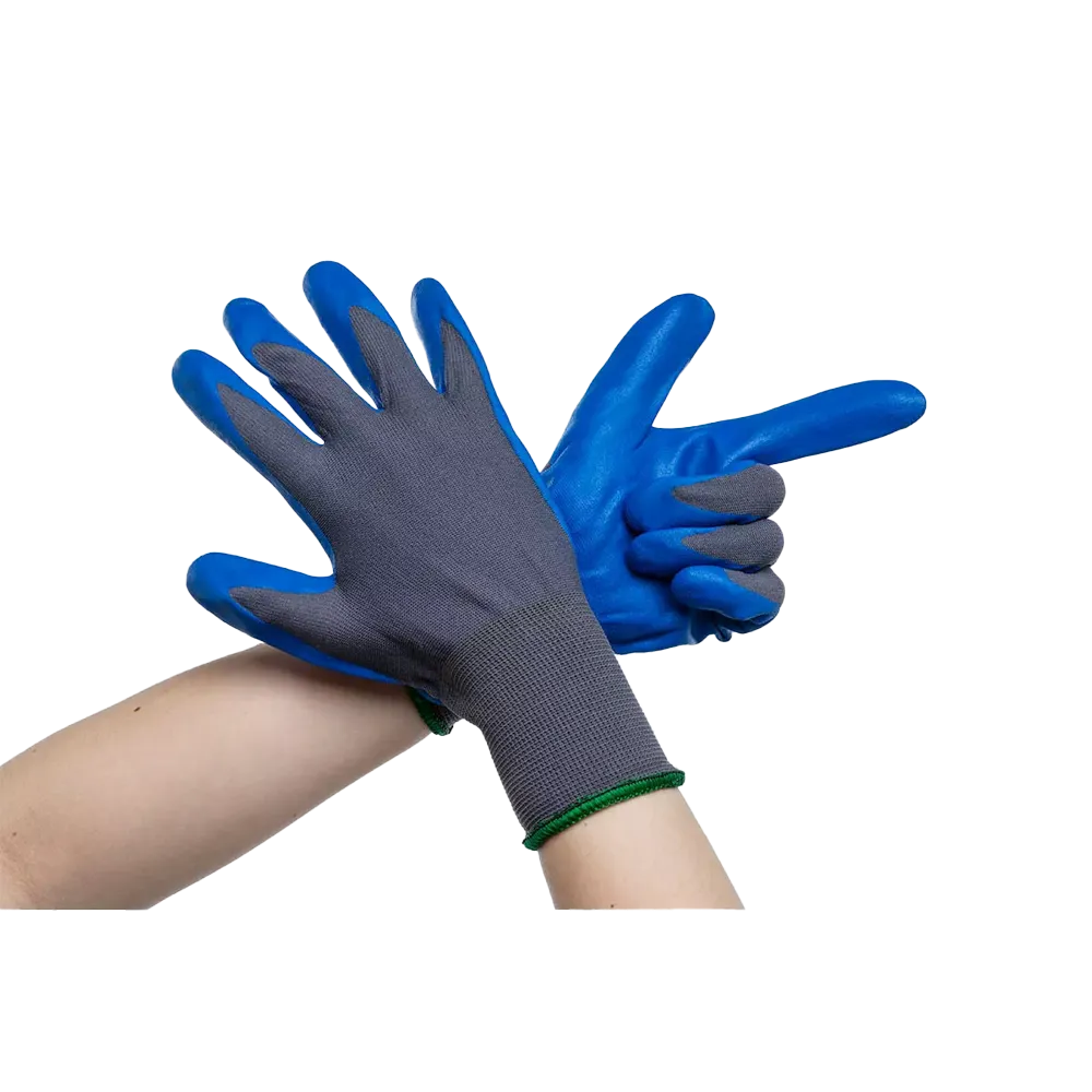 Jemand zieht ein Paar AMPri SolidSafety Food Protect Schutzhandschuhe XXL von AMPri Handelsgesellschaft mbH an und macht dabei spielerisch eine Fingerpistolengeste. Die blauen und grauen Handschuhe mit gummierter Textur wirken flexibel und langlebig, perfekt für Aufgaben in der Lebensmittelverarbeitung vor einem schlichten weißen Hintergrund.