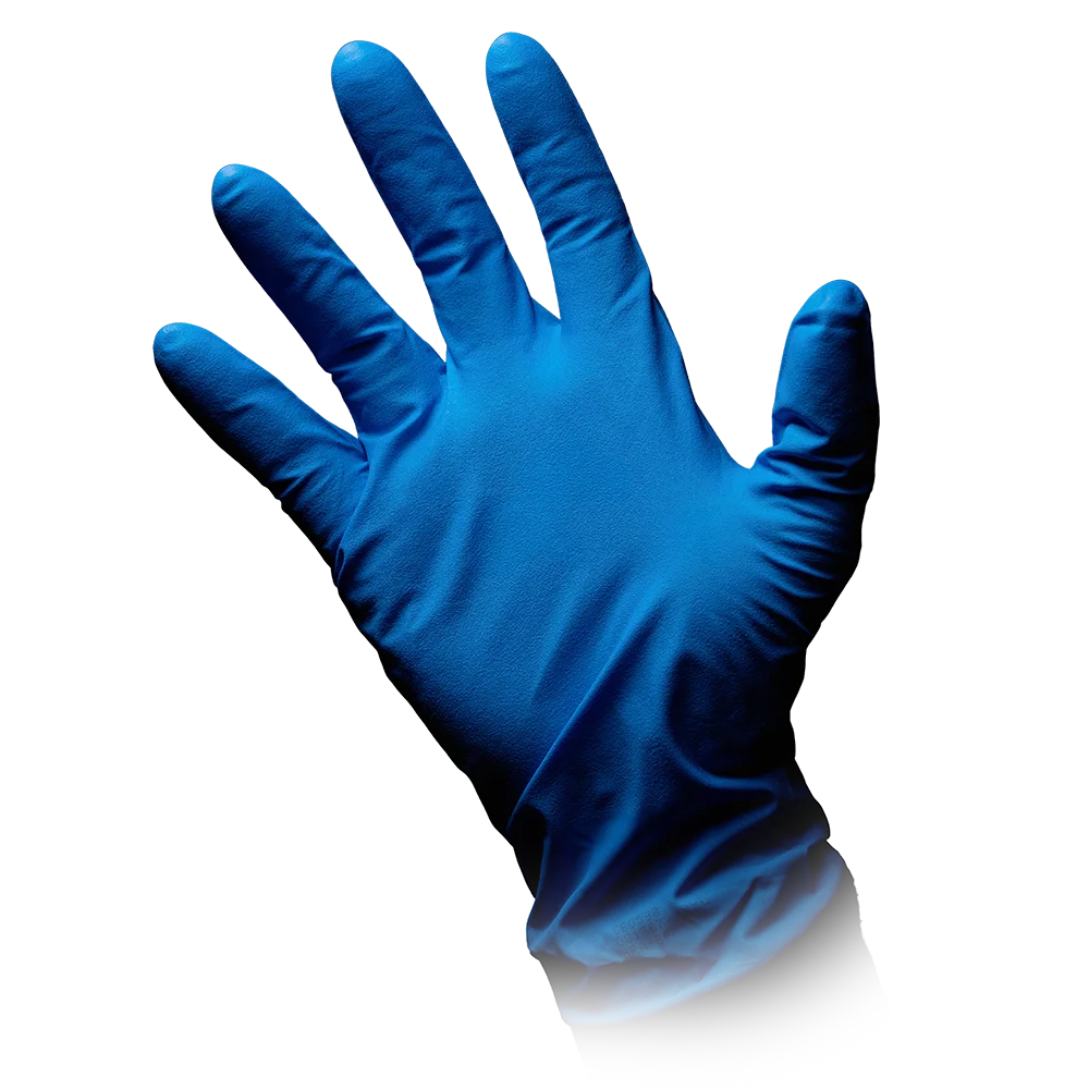Der Nitril-Chemikalienschutzhandschuh AMPri SolidSafety High Risk Pro von AMPri Handelsgesellschaft mbH wird auf weißem Hintergrund mit ausgestreckten Fingern gezeigt. Der Handschuh sieht frisch und makellos aus und hebt seine Textur und Elastizität hervor, die perfekt für eine sichere Handhabung sind.