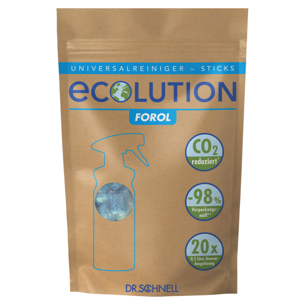 Ein brauner wiederverschließbarer Beutel mit der Aufschrift "ECOLUTION FOROL STICKS" der DR.SCHNELL GmbH & Co. KGaA ist mit umweltfreundlichen Angaben wie "CO2 reduziert" und "-98% Verpackungsmüll" versehen und enthält 15 Beutel (je 20 Sticks, 3g) für die Haushaltsreinigung.
