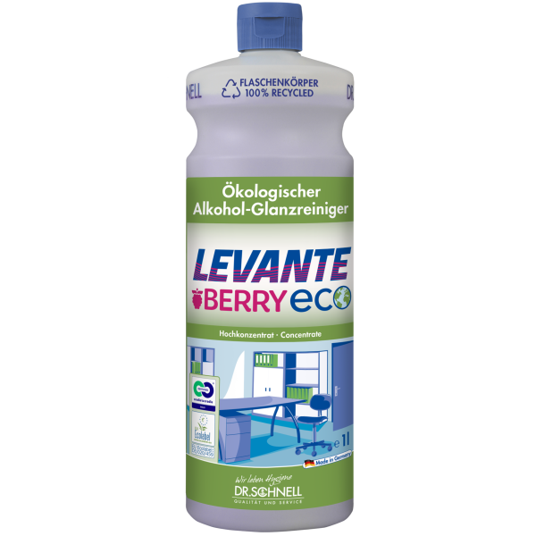 Ein 1-Liter Dr. Schnell Levante Berry ECO von DR.SCHNELL GmbH & Co. KGaA ist mit einem grünen Verschluss, einem Etikett aus recyceltem Kunststoff, Beerenduft und Abbildungen aus Büro und Küche auf der Vorderseite versehen.
