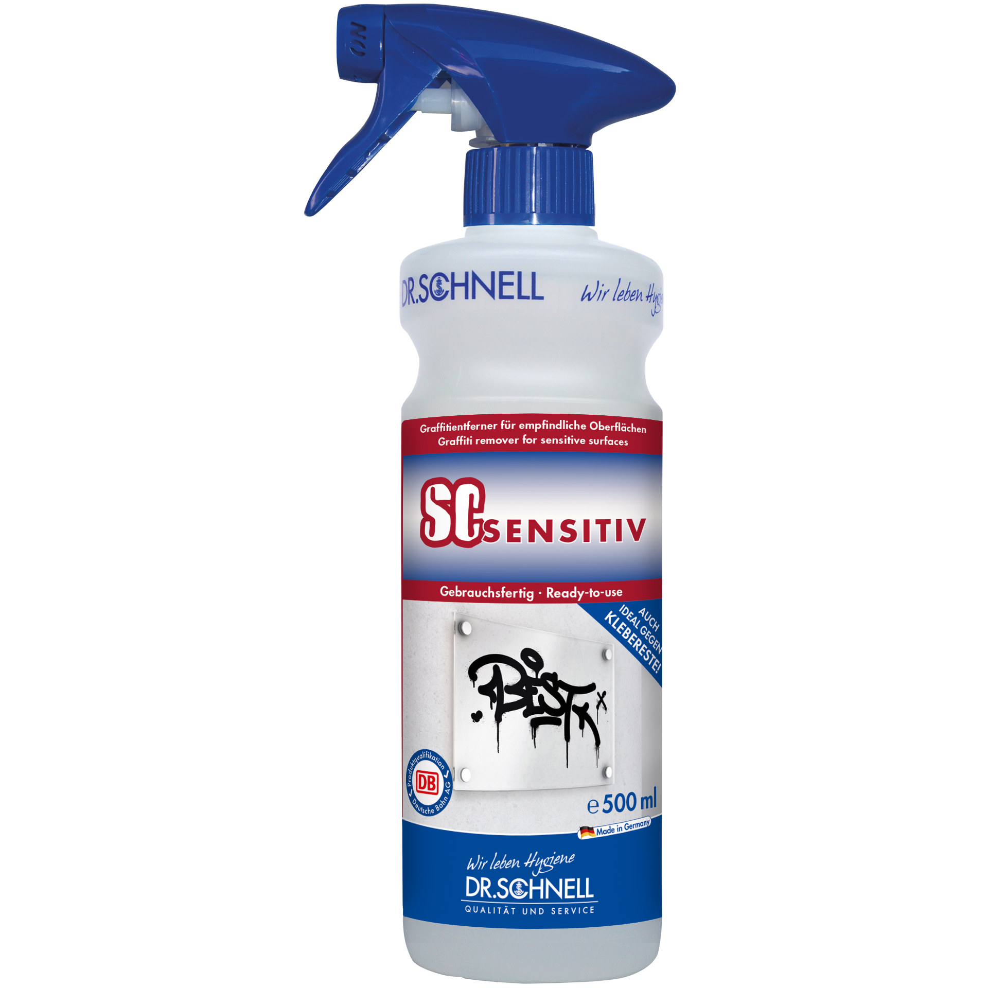 Eine 500-ml-Sprühflasche DR.SCHNELL SC SENSITIV Graffitientferner für empfindliche Oberflächen, mit blauer Düse und einem Etikett mit Produktangaben und Graffiti auf einer Wand.
