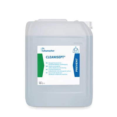 Ein durchsichtiger 10-Liter-Behälter der Dr. Schumacher GmbH mit der Aufschrift "Dr. Schumacher Cleanisept® Flächendesinfektion und Reinigung", der zur Desinfektion und Reinigung medizinischer Oberflächen verwendet wird, mit einem weiß-blauen Etikett, auf dem die Produktdaten angegeben sind.