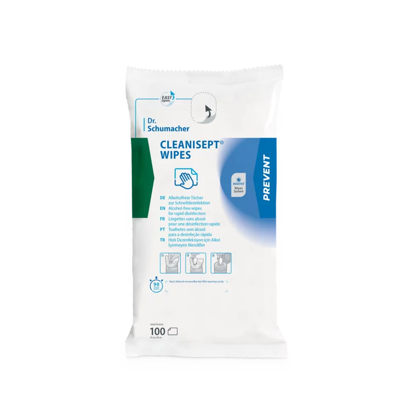 Eine weiße Packung der Dr. Schumacher GmbH Cleanisept Wipes Schnelldesinfektion mit blauen und grünen Akzenten, mit Produktinformation, Anwendungsbildern und 100 alkoholfreien Desinfektionstüchern für medizinische Geräte.