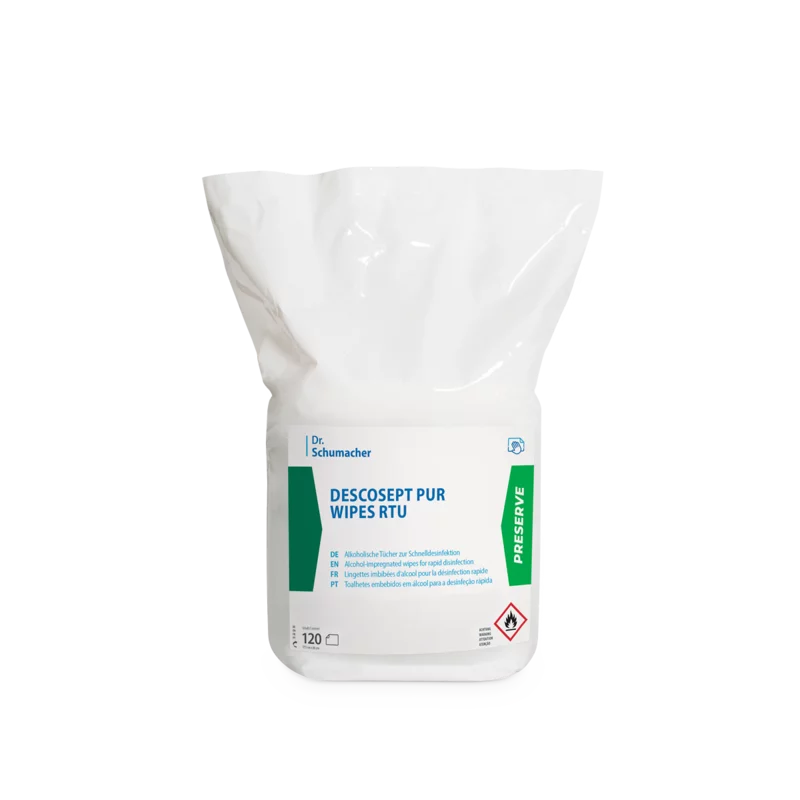 Die weiße Kunststoffpackung der Dr. Schumacher Descosept Pur Wipes RTU Desinfektionstücher (120 Stück) der Dr. Schumacher GmbH hat blaue und grüne Akzente sowie Sicherheits- und Anwendungshinweise für Schnelldesinfektion auf der Verpackung.