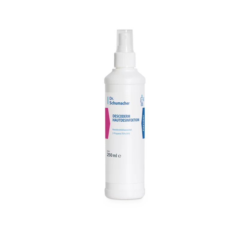 Weiße 250-ml-Flasche der Dr. Schumacher GmbH Descoderm Hautdesinfektion mit Sprühkopf. Auf dem Vorderetikett sind der Produktname und Angaben zum Desinfektionsmittel in blauer und rosa Schrift angegeben.