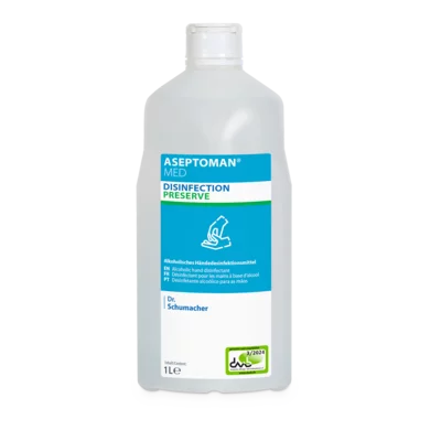 Eine 1-Liter-Klarsichtflasche der Dr. Schumacher GmbH mit der Aufschrift "Dr. Schumacher Aseptoman® med Händedesinfektion", mit blauen und grünen Akzenten und weißem Verschluss, enthält alkoholisches Händedesinfektionsmittel zur hygienischen Händedesinfektion.