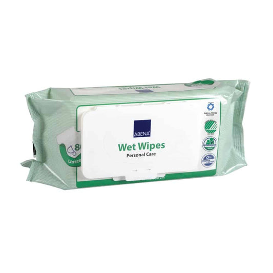 Eine rechteckige Packung Abena Feuchtpflegetücher mit Deckel für die Körperpflege von Abena Re-Seller GmbH. Die grün-weiße Verpackung weist verschiedene Symbole auf, die darauf hinweisen, dass die Tücher parfümfrei, dermatologisch getestet und umweltfreundlich sind und feuchtigkeitsspendende Eigenschaften haben.