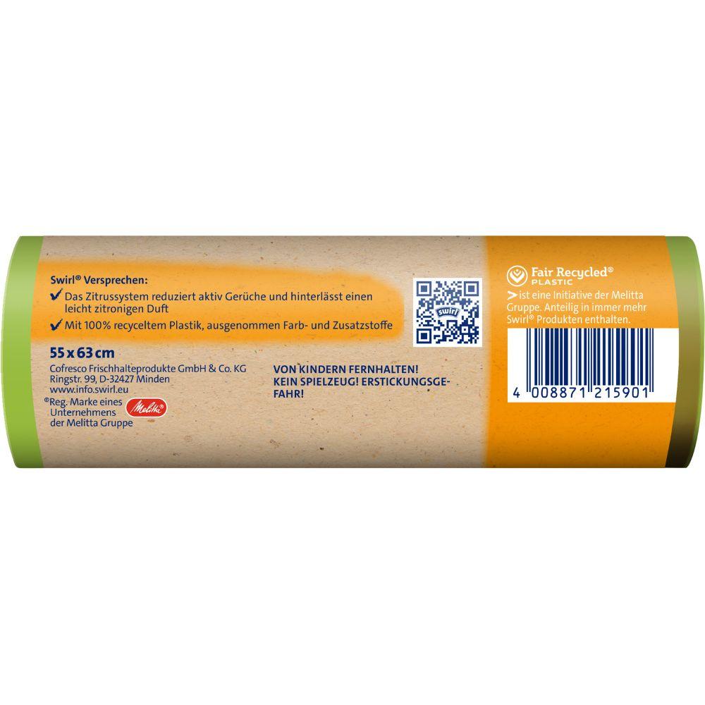 Das Etikett eines Swirl Aktive Frische Müllbeutels 35l Rolle von Melitta Europa GmbH & Co. KG enthält Recyclinginformationen, Warnhinweise, Firmendetails, einen Barcode und deutschen Text auf braunem Hintergrund mit grünen, weißen, schwarzen und orangefarbenen Akzenten.
