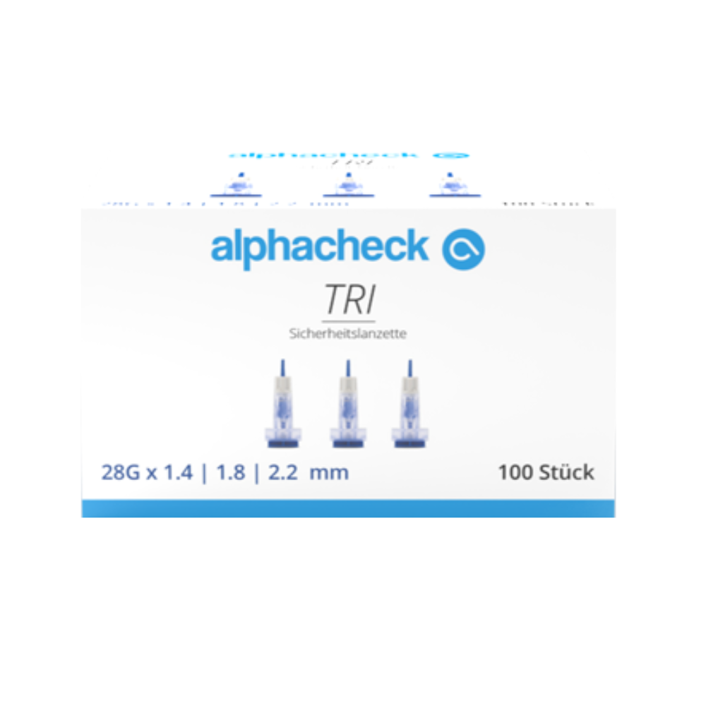 Abgebildet ist eine Schachtel mit der Aufschrift „Alphacheck TRI Sicherheitslanzetten 28G | Packung (100 Stück)“ von Berger Med GmbH. Sie enthält 100 Sicherheitslanzetten mit den Abmessungen 28G x 1,4 mm, 1,8 mm und 2,2 mm für die Kapillarblutentnahme. Auf der Vorderseite der Schachtel sind Bilder von drei Lanzetten und ein Text in Blau- und Schwarztönen zu sehen, der den Sicherheitsmechanismus beschreibt.