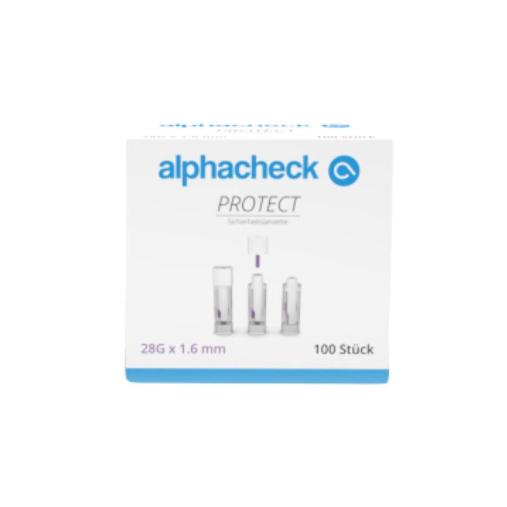 Eine Schachtel Alphacheck PROTECT Sicherheitslanzetten von Berger Med GmbH, 28G x 1,6 mm, 100 Stück. Die weiße Schachtel hat blauen und grauen Text, Lanzettenbilder und fördert eine schmerzarme Blutentnahme für eine schonende Blutentnahme.