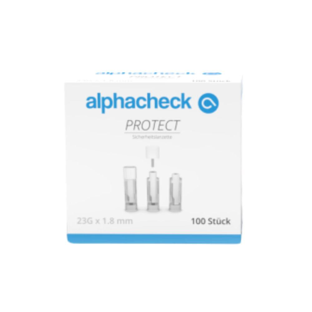 Eine weiße Schachtel mit der Aufschrift „Alphacheck PROTECT Sicherheitslanzetten“ der Berger Med GmbH zeigt Abbildungen von drei Sicherheitslanzetten. Auf der Schachtel steht „23G x 1,8 mm“, „100 Stück“ und wirbt für eine schmerzarme Blutentnahme zur schonenden Blutentnahme.