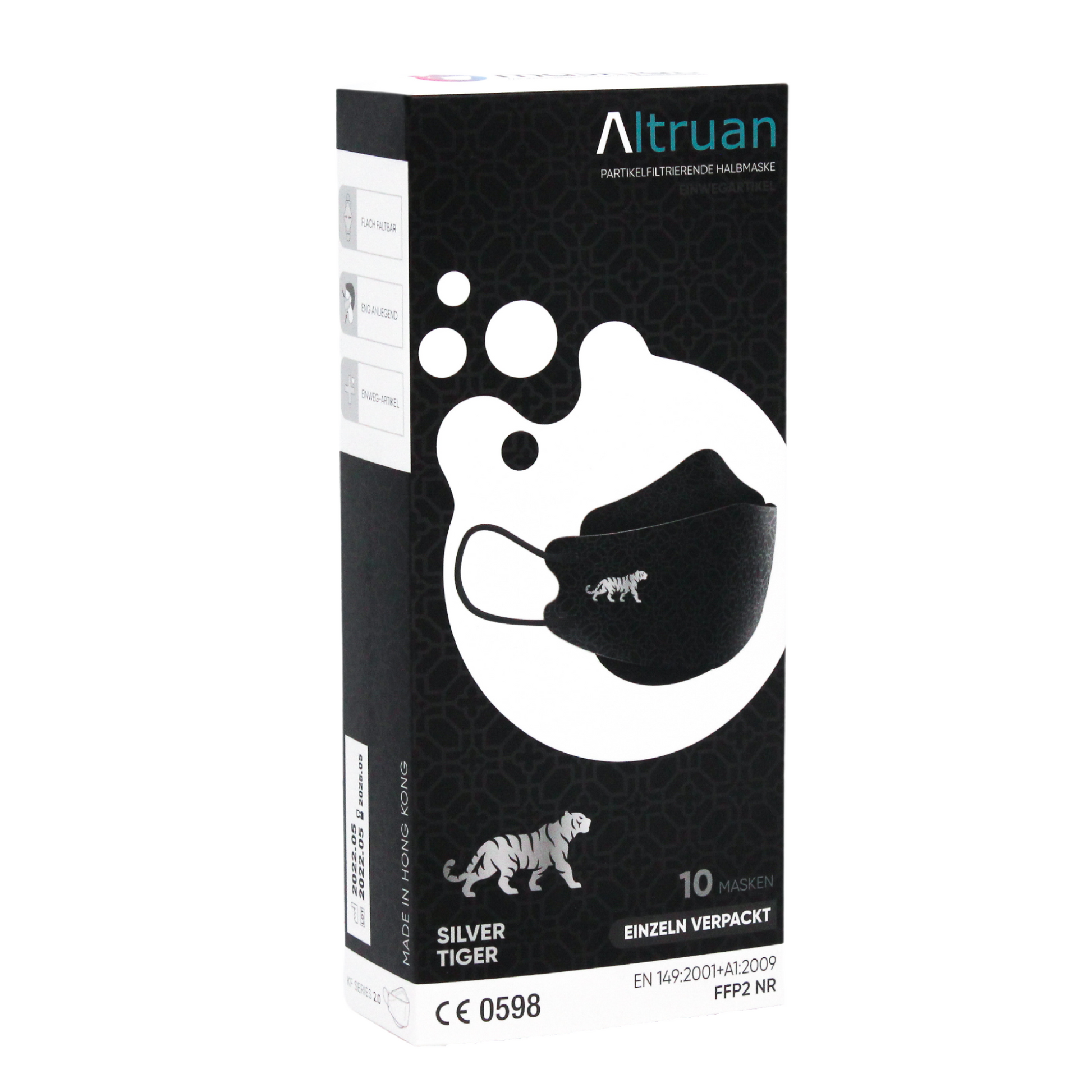 Die stilvolle Verpackung der Altruan Designer Gesichtsmaske Partikelfiltrierend (FFP2-Standard) besticht durch eine weiße Tigergrafik, modisches Design und ausführliche Produktinformationen und unterstreicht den wirksamen Schutz dieser CE-geprüften Masken. Jede Packung enthält 10 einzeln verpackte Masken.