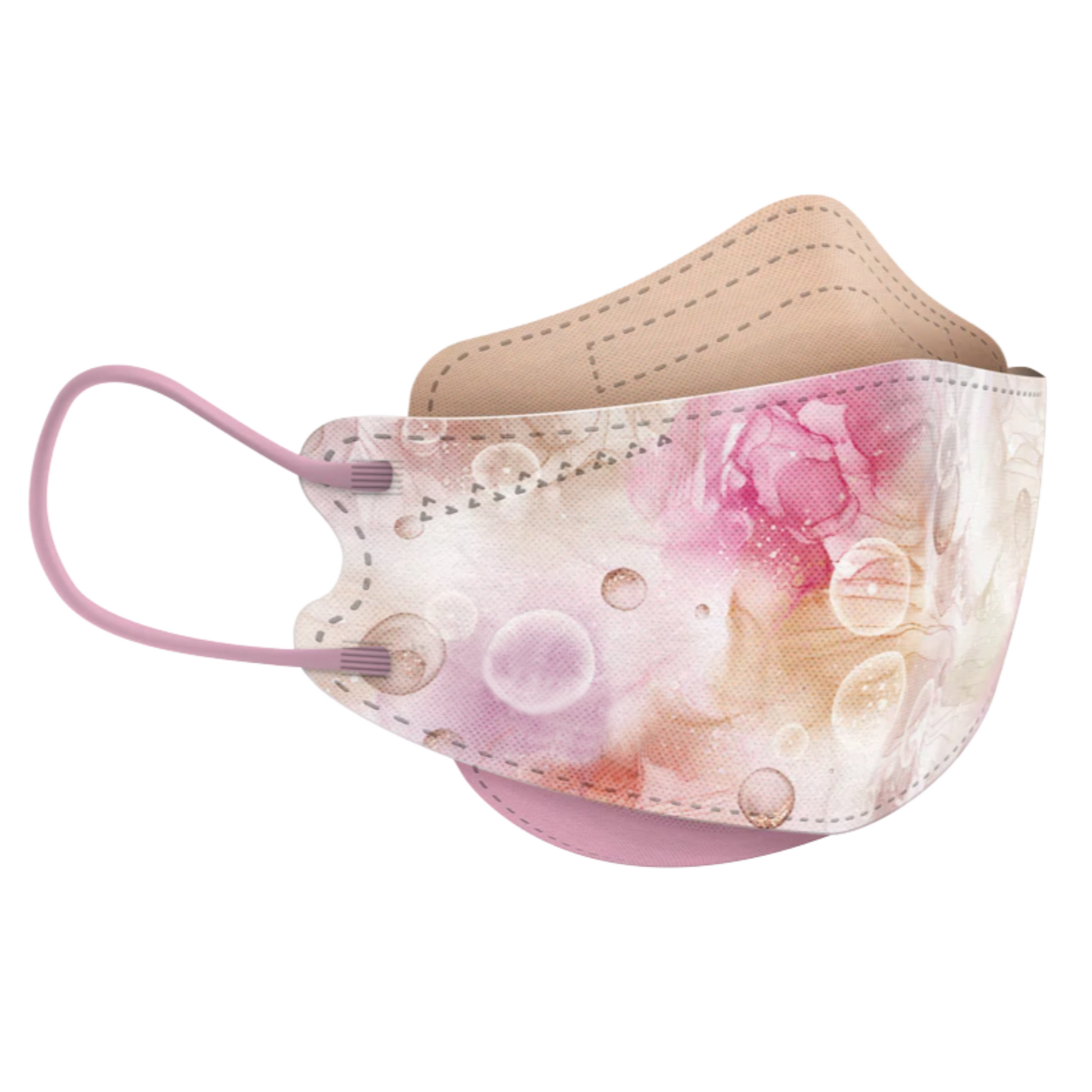 Die Altruan Designer Gesichtsmaske Partikelfiltrierend, die dem FFP2-Standard für effektiven Schutz entspricht, zeigt ein pastellfarbenes Design mit Blumen- und Blasenmustern auf der Außenseite. Sie verfügt über rosa elastische Ohrschlaufen und ein hellbraunes Innenfutter.