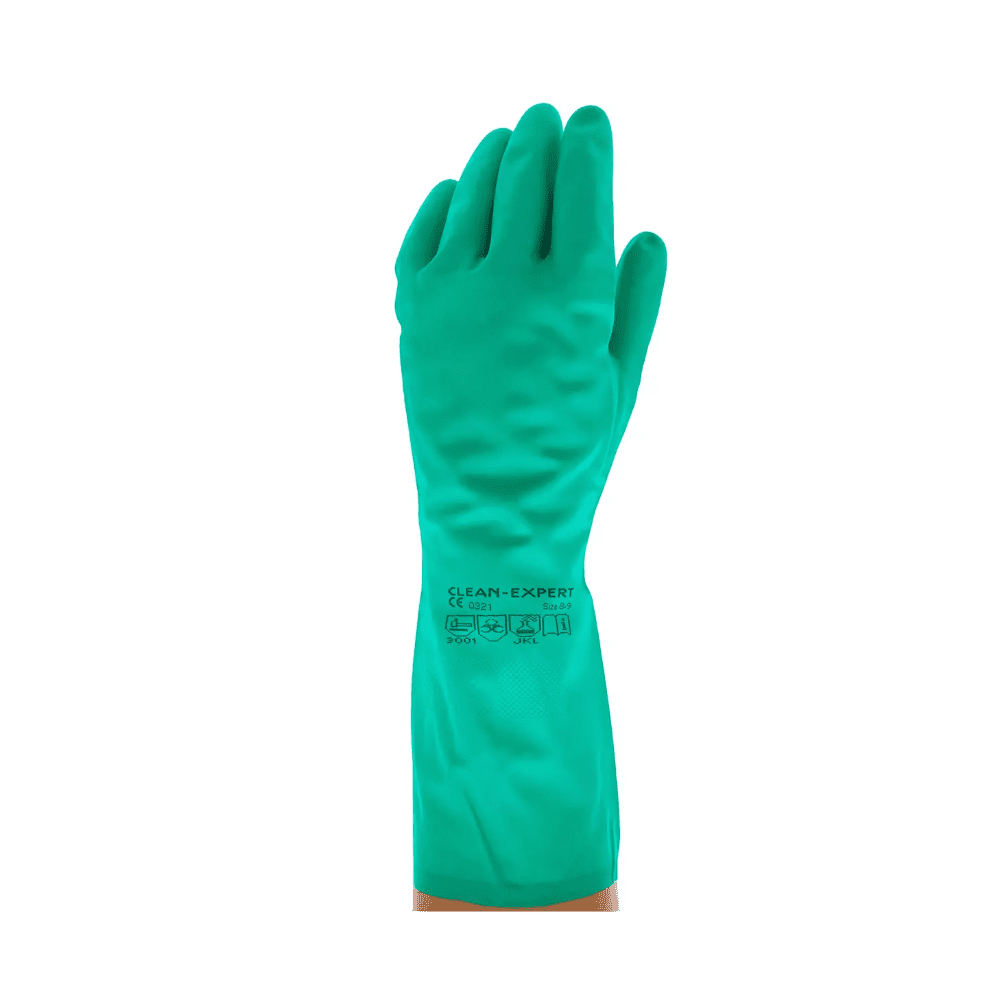 Der AMPri Solid Safety Clean Protect Industriehandschuh der AMPri Handelsgesellschaft mbH ist ein chemikalienbeständiger Industriehandschuh in grün, der für optimalen Handschutz konzipiert ist. Er ist für Reinigungs- oder Industrieanwendungen geeignet und bedeckt das Handgelenk und einen Teil des Unterarms. Größe 10, 1 Paar.
