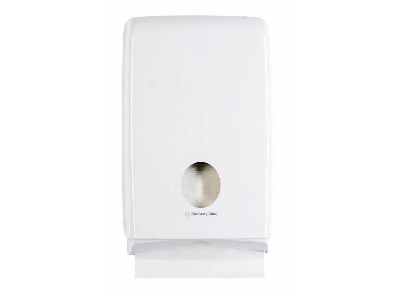 Der Aquarius™ Slimfold™ Spender für gefaltete Handtücher von Kimberly-Clark GmbH ist ein weißer, wandmontierter Handtuchspender mit runder Öffnung, aus dem ein Tuch einzeln unten entnommen werden kann - perfekt für moderne Räume.