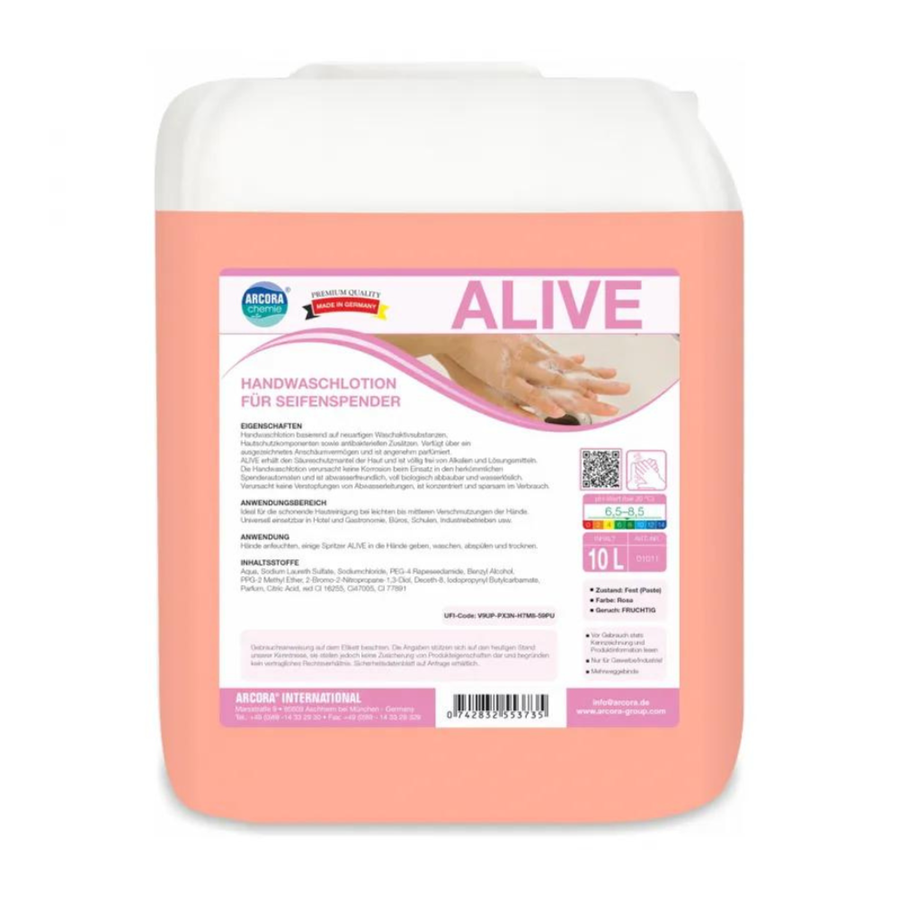 Die Arcora Alive Handwaschlotion für Seifenspender von Arcora International GmbH im 10-Liter-Behälter ist eine rosafarbene, biologisch abbaubare Flüssigseife mit Etikett, auf dem Produktinformationen, Anwendungshinweise und Hinweise zum Händewaschen zu finden sind.