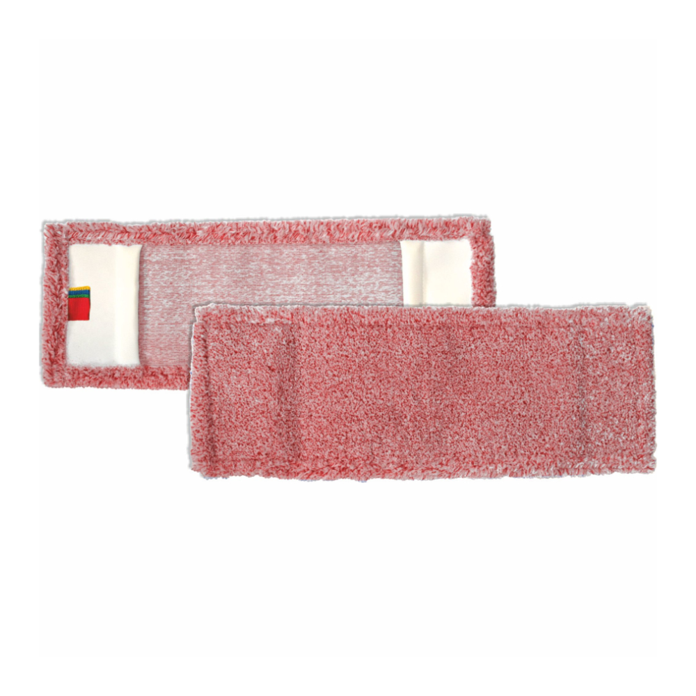 Abgebildet sind zwei rechteckige rosafarbene Arcora Micro Red - Fc Ohne Deckblatt Mop-Pads der Arcora International GmbH: ein flacher mit der Reinigungsseite, der andere mit der weißen Unterseite. Ideal für die Nass- und Trockenreinigung, geliefert in einer Schachtel mit 75 Stück.