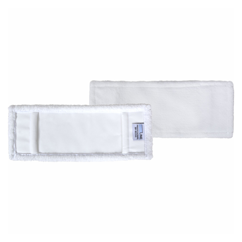 Zwei rechteckige, weiße Arcora Professional Mf Bezug-Pads von Arcora International GmbH liegen flach – eines nach oben, um Etikett und Nähte freizugeben, das andere nach unten, um die glatte Oberfläche zu zeigen – ideal für die regelmäßige Reinigung (Unterhaltsreinigung).