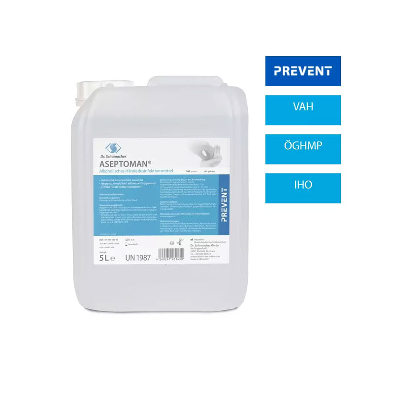 Ein 5-Liter-Kunststoffbehälter der Dr. Schumacher Aseptoman® parfümfreie Händedesinfektion der Dr. Schumacher GmbH, mit blau-weißem Etikett. Daneben stehen blaue Schachteln mit der Aufschrift "PREVENT", "VAH", "ÖGHMP" und "IHO".