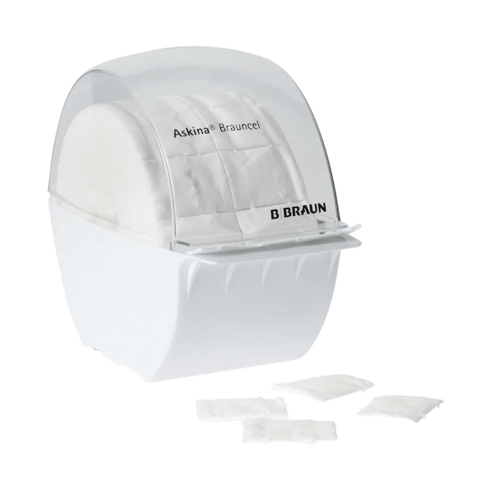 Ein B. Braun Askina® Brauncel® Spender für Zellstofftupfer - leer von B. Braun Deutschland GmbH & Co. KG ist ein weißer Kunststoffspender mit transparentem Deckel, der zur Aufnahme von Zellstofftupfer bestimmt ist. Davor erleichtern vier gleichartige Quadrate die hygienische Entnahme.