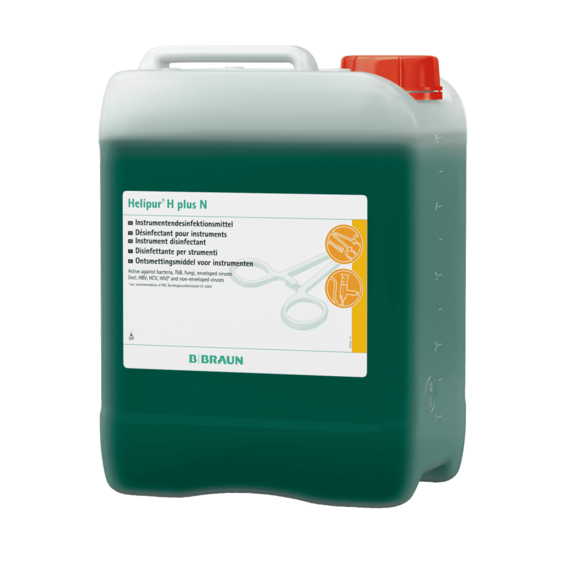 Ein großer, rechteckiger Plastikbehälter mit Henkel und rotem Deckel enthält eine grüne Flüssigkeit. Auf dem Etikett steht „B. Braun Helipur® H plus N Instrumentendesinfektion - 5 Liter | Kanister (5 l)“ und zeigt medizinische Instrumente. Am unteren Rand ist die Marke „B. Braun Deutschland GmbH & Co. KG“ zu sehen.