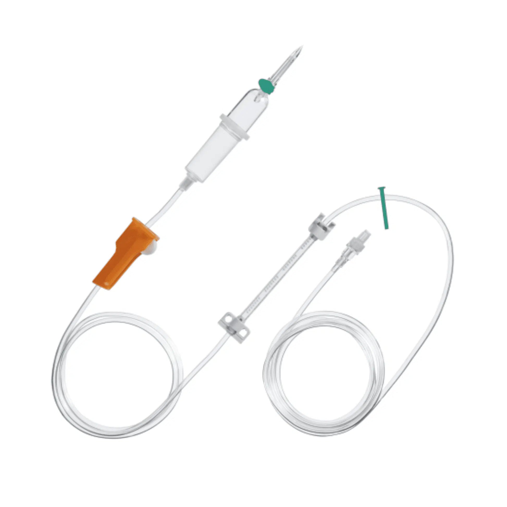 Das Bild zeigt das B. Braun Infusomat® Space Leitung SafeSet von B. Braun Deutschland GmbH & Co. KG, das einen durchsichtigen Kunststoffschlauch mit flexibler Verlängerung, einen orangefarbenen Durchflussregler und eine weiße Tropfkammer mit Airstop-Membran-Technologie umfasst. Dieses medizinische Infusionsset wird typischerweise zur intravenösen Flüssigkeitsverabreichung verwendet.
