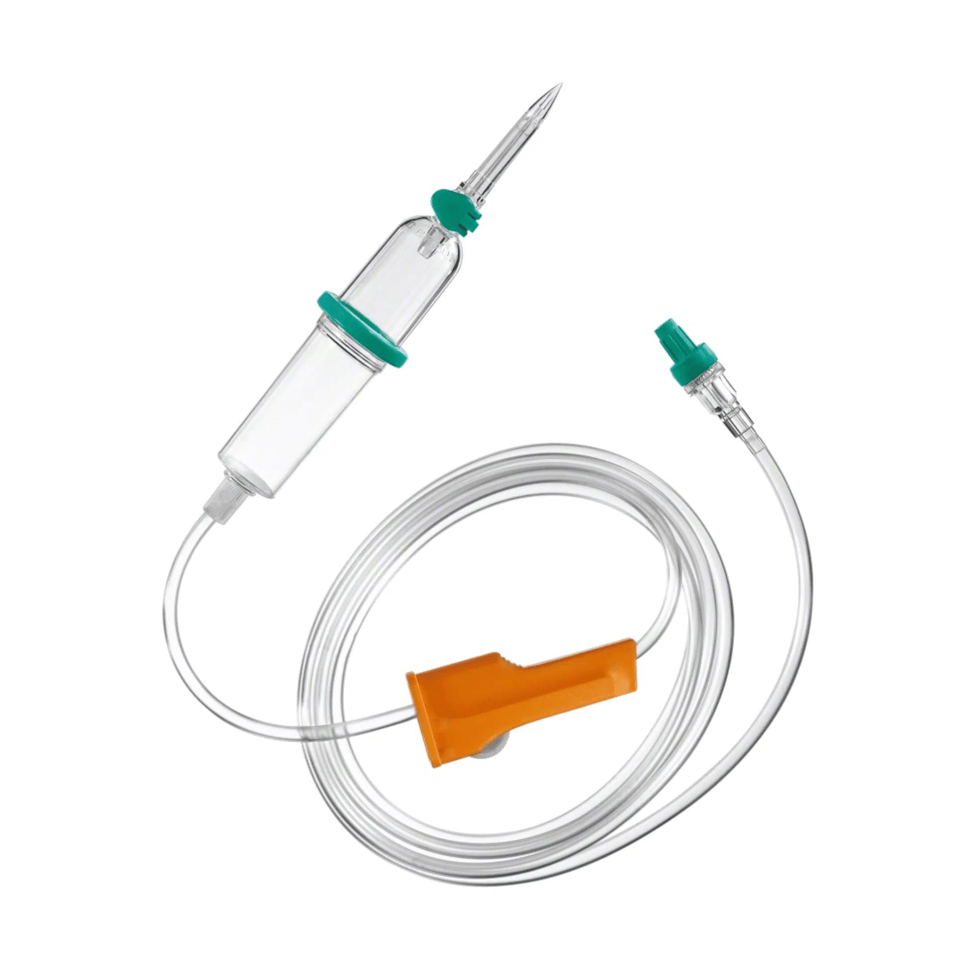 Das B. Braun Intrafix® SafeSet Infusionsbesteck von B. Braun Deutschland GmbH & Co. KG ist ein intravenöses (IV) Verabreichungsset, das eine durchsichtige Tropfkammer, eine Nadel und einen langen flexiblen Schlauch mit einer orangefarbenen Rollenklemme zur präzisen Durchflusskontrolle enthält. Dieses Set verfügt außerdem über eine AirStop-Filtermembran und einen grünen Anschlussport, der für Druck- und Schwerkraftinfusionen geeignet ist.