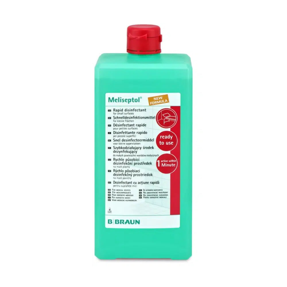 Dieses Oberflächendesinfektionsmittel ist ein Schnelldesinfektionsmittel von B. Braun Deutschland GmbH & Co. KG. Es enthält Ethanol in einer grünen Flasche mit einem roten Deckel und der Aufschrift „Meliseptol“. Das B. Braun Meliseptol® New Formula Desinfektionsmittel bietet eine Anleitung in mehreren Sprachen und wirbt mit seiner gebrauchsfertigen Formel, die innerhalb einer Minute wirkt.